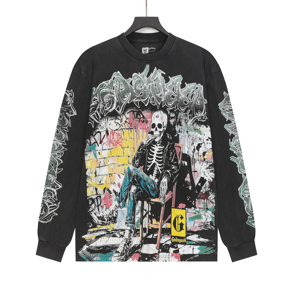 Godspeed Washed Black Skeleton Graphic Long-Sleeve T-Shirt ¡ª hero