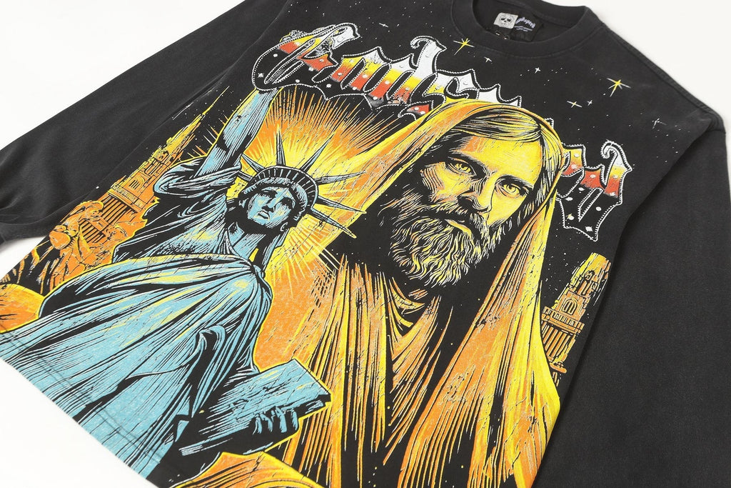 Godspeed Out of Many One Washed Black Long-Sleeve Graphic T-Shirt ¡ª detail