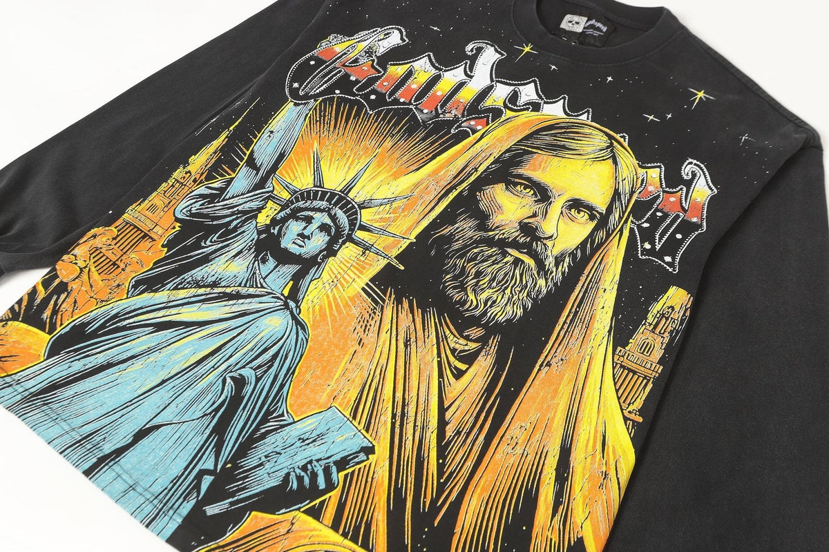 Godspeed Out of Many One Washed Black Long-Sleeve Graphic T-Shirt ¡ª detail
