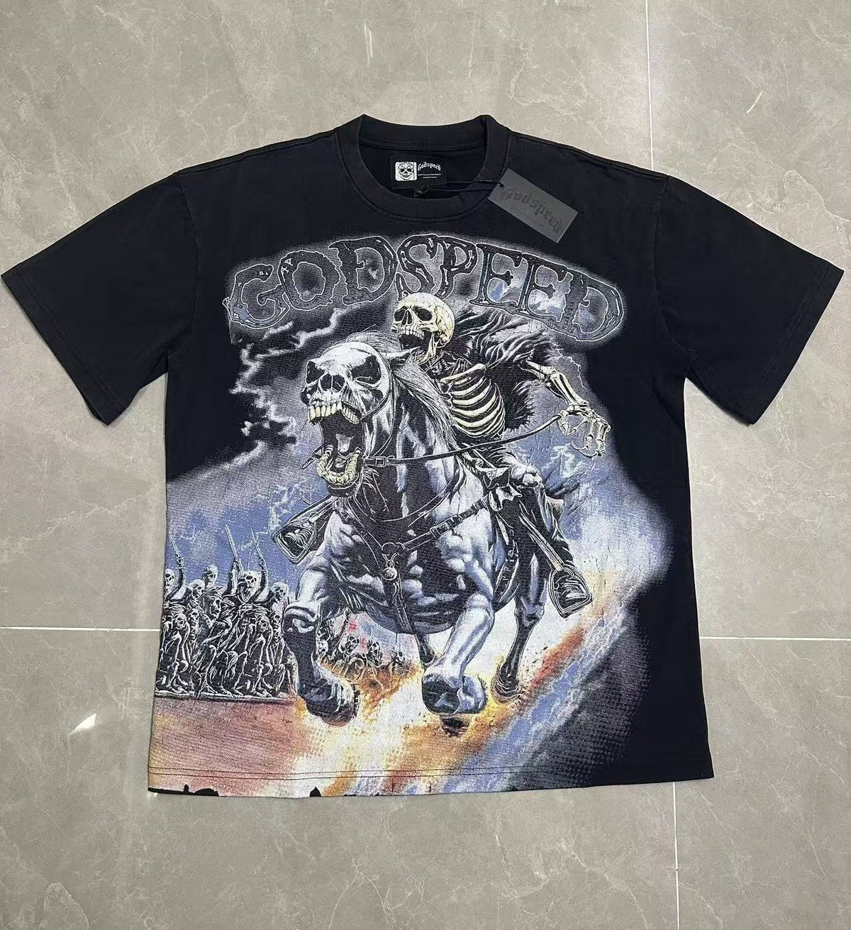 Godspeed Skeleton Horse Washed Black Graphic T-Shirt ¡ª front