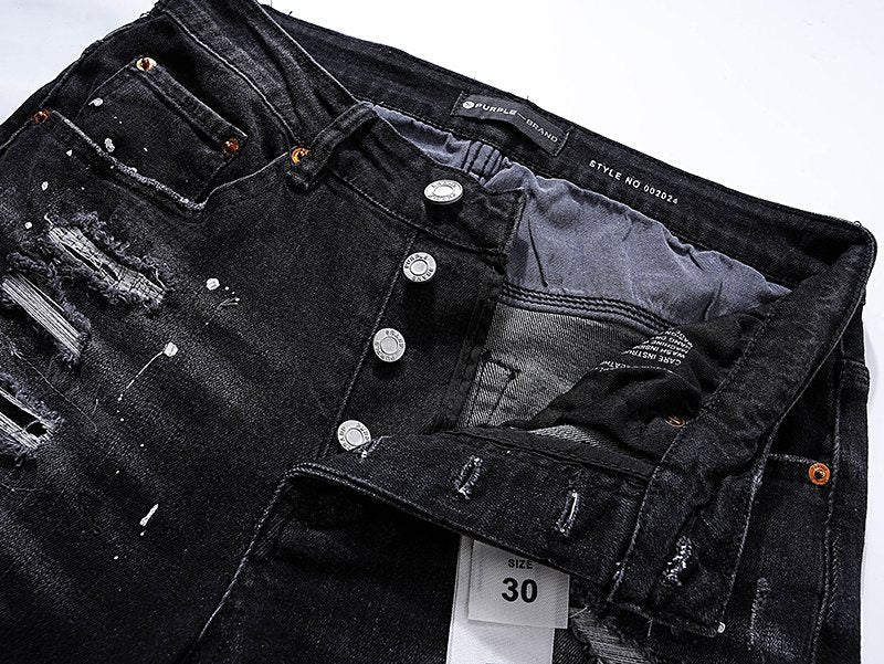 Purple Brand Black Paint-Splatter Distressed Jeans ¡ª detail