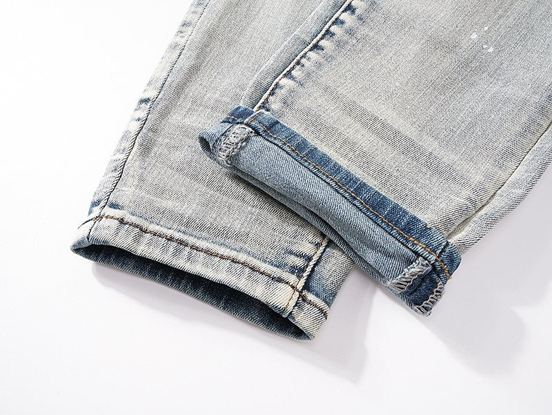 Purple Brand Light Blue Distressed Ribbed Knee Jeans ¡ª detail