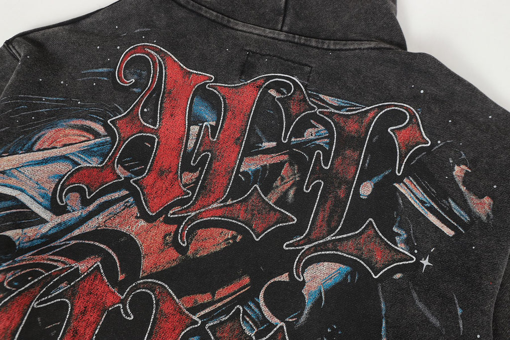 Godspeed Astronaut Skull Graphic Washed Raw Hem Hoodie ¡ª detail