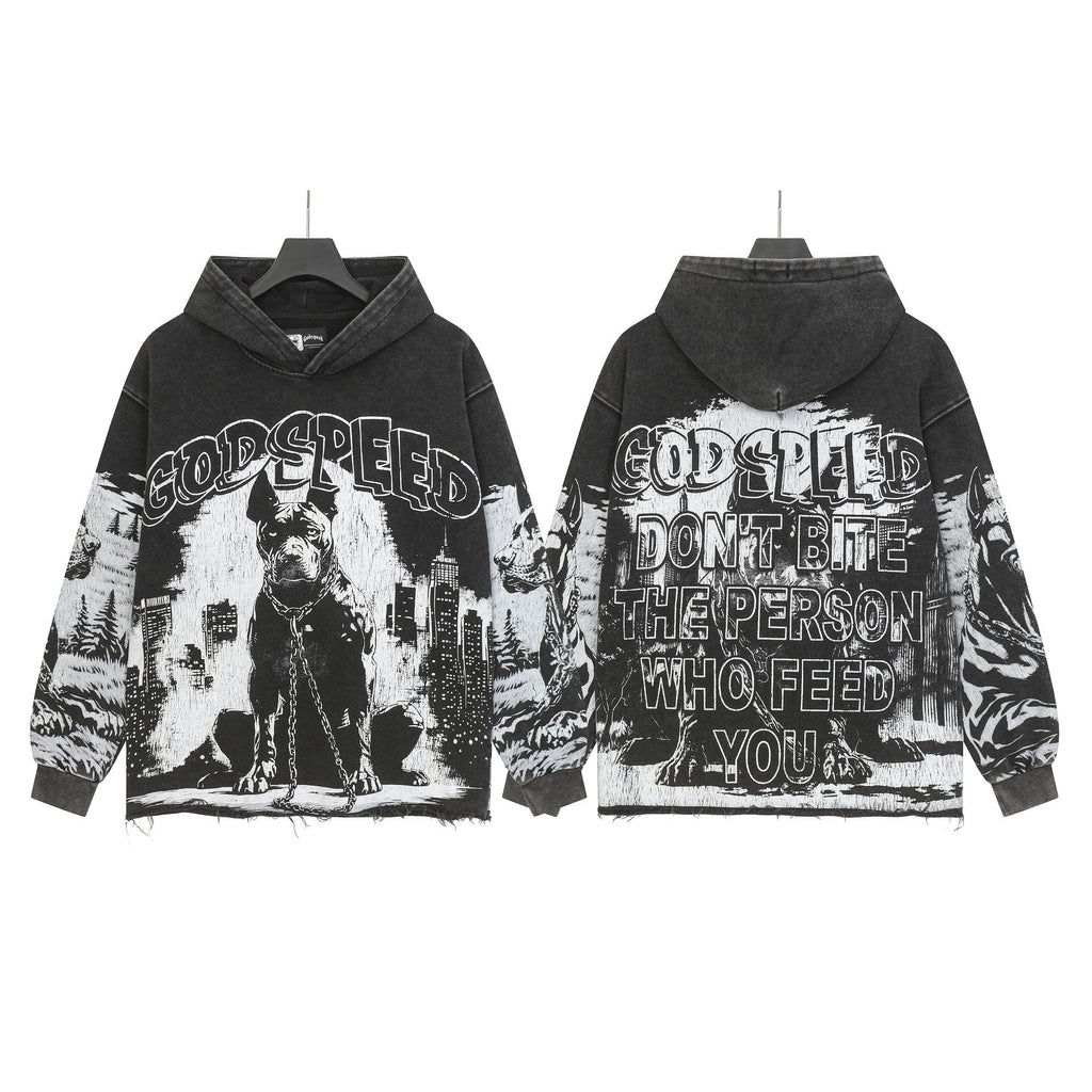 Godspeed Dog & City Graphic Raw-Hem Hoodie ¡ª front