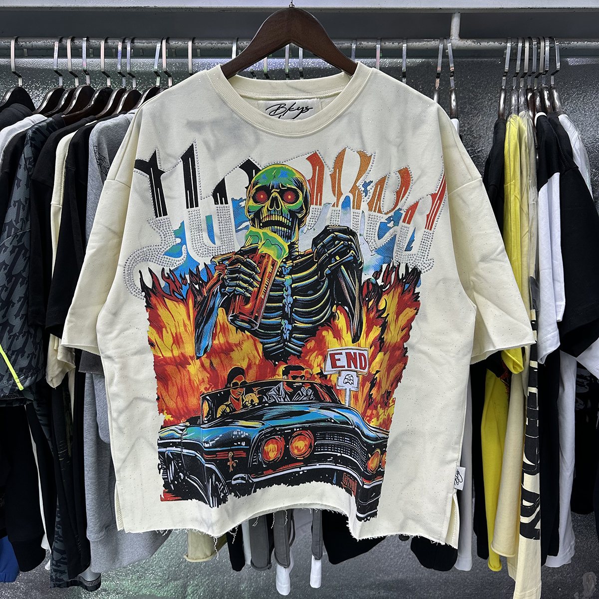 BKYS Revival Rhinestone Skeleton Car Cropped T-Shirt ¡ª context