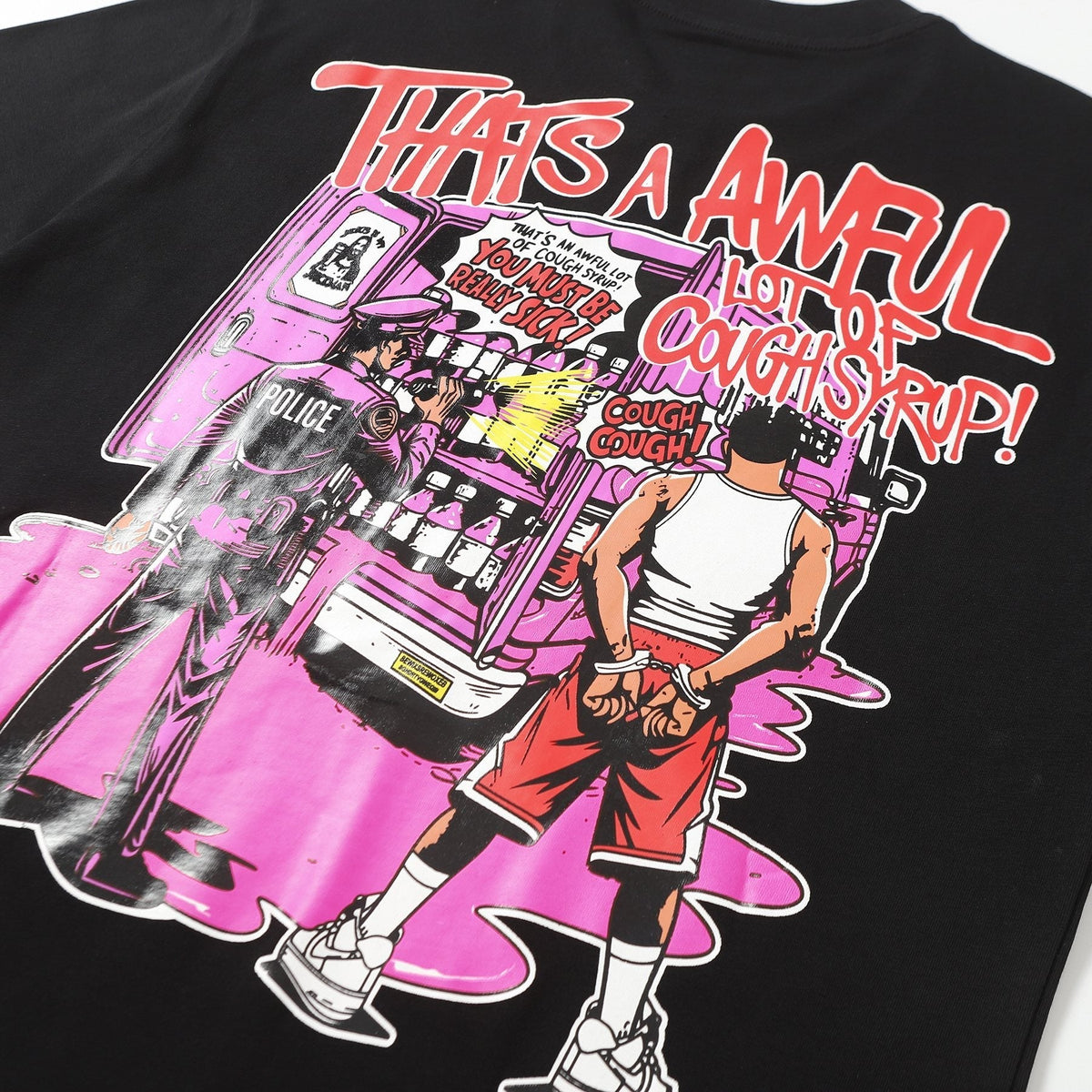 THAT'S A AWFUL LOT OF COUGH SYRUP Black Graphic T-Shirt ¡ª detail