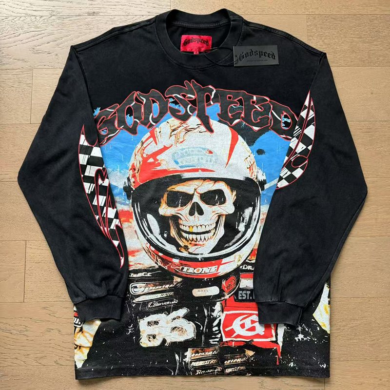 Godspeed Out of Many One Racing Graphic Long-Sleeve T-Shirt ¡ª front