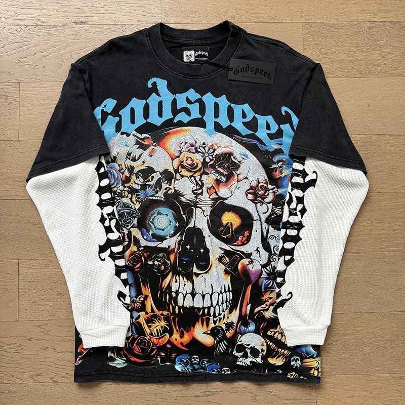 Godspeed Skull Floral Layered-Look Long-Sleeve T-Shirt ¡ª front