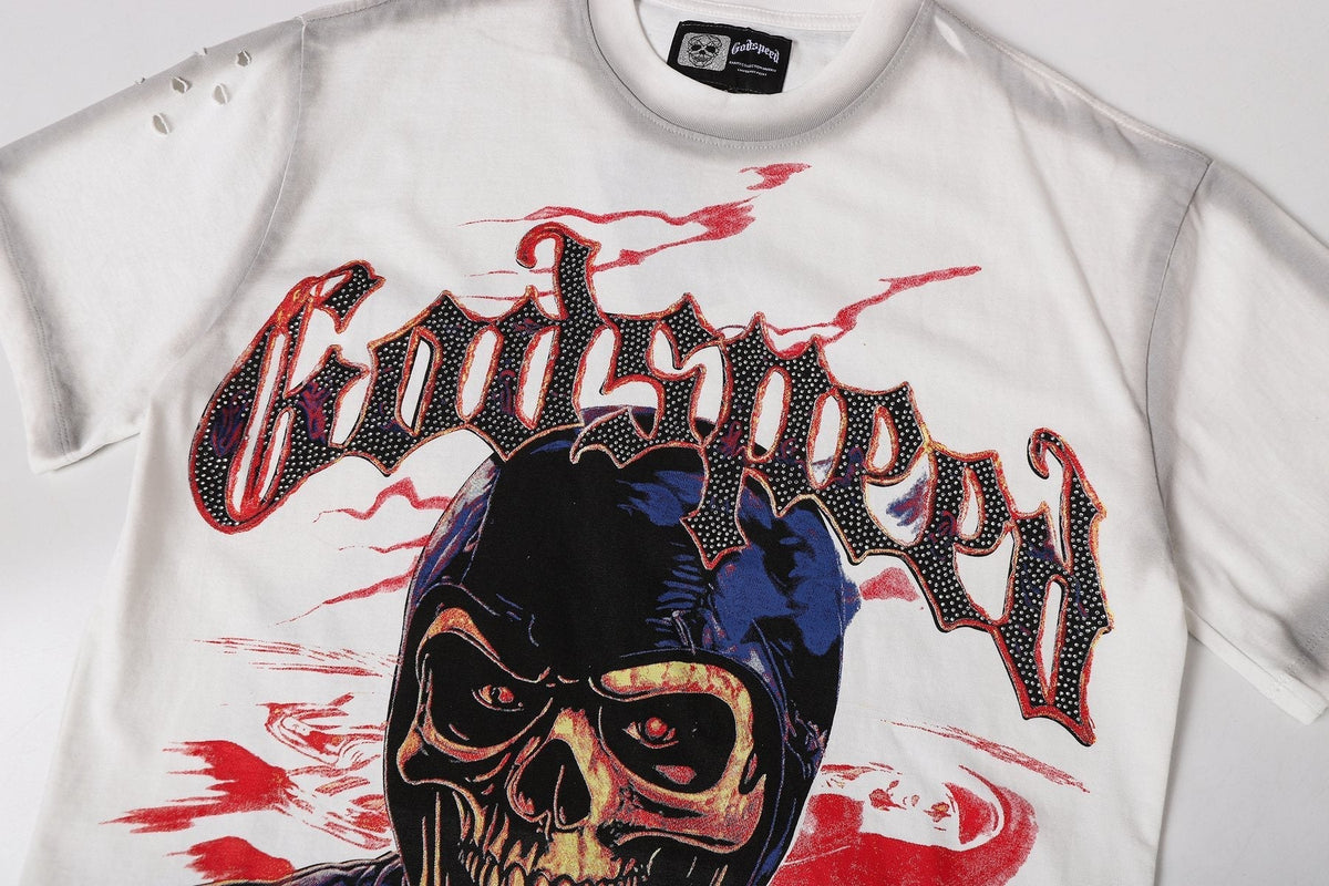 Godspeed Skull Graphic Distressed Sleeve T-Shirt ¡ª detail