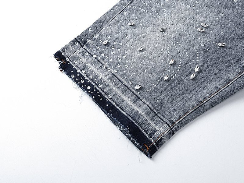 Purple Brand Rhinestone Light Wash Denim Shorts ¡ª detail