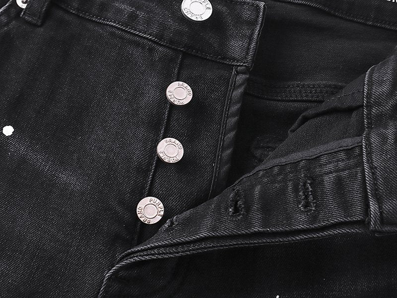Purple Brand Black Paint-Splatter Distressed Denim Shorts ¡ª detail