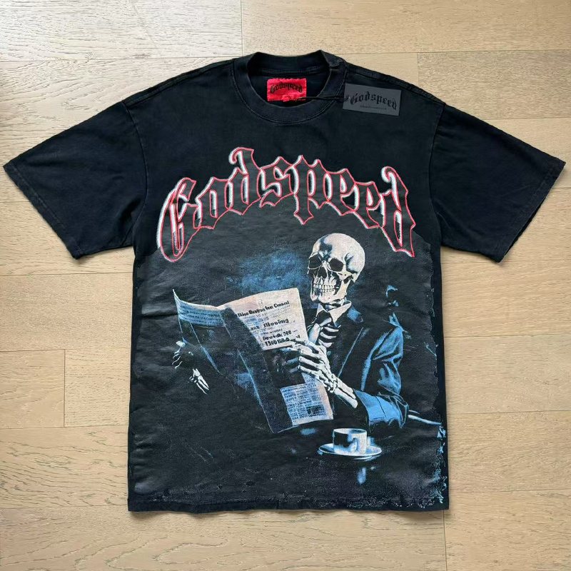 Godspeed Washed Black Skull Newspaper Graphic Short-Sleeve T-Shirt ¡ª front