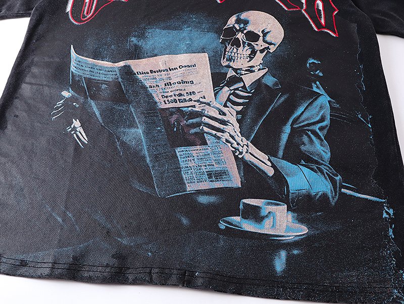 Godspeed Washed Black Skull Newspaper Graphic Short-Sleeve T-Shirt ¡ª detail