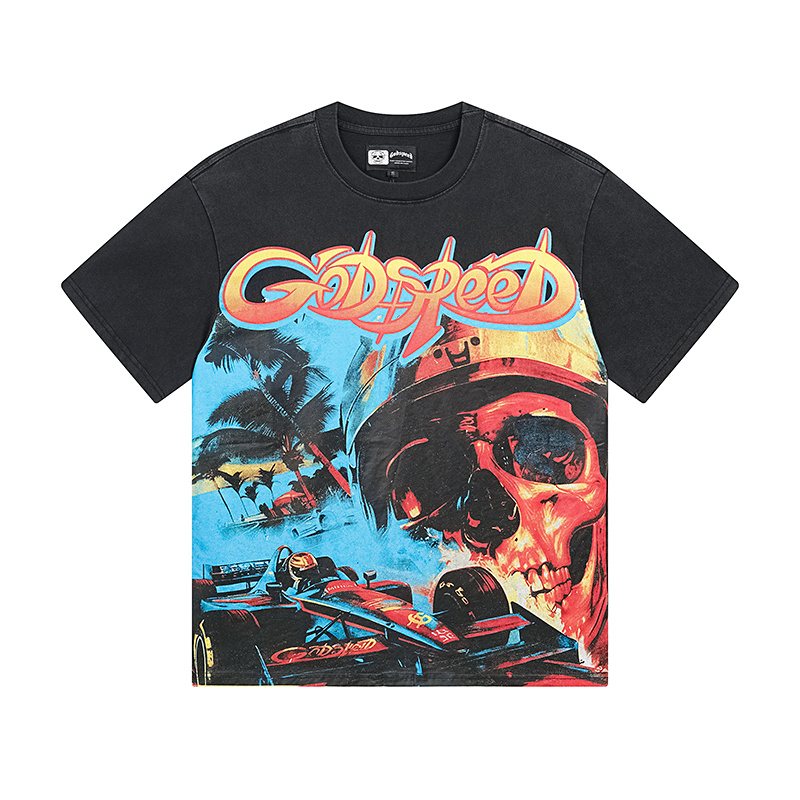 Godspeed Washed Black Skull Racing Graphic T-Shirt ¡ª hero