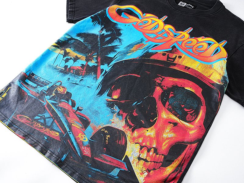 Godspeed Washed Black Skull Racing Graphic T-Shirt ¡ª detail