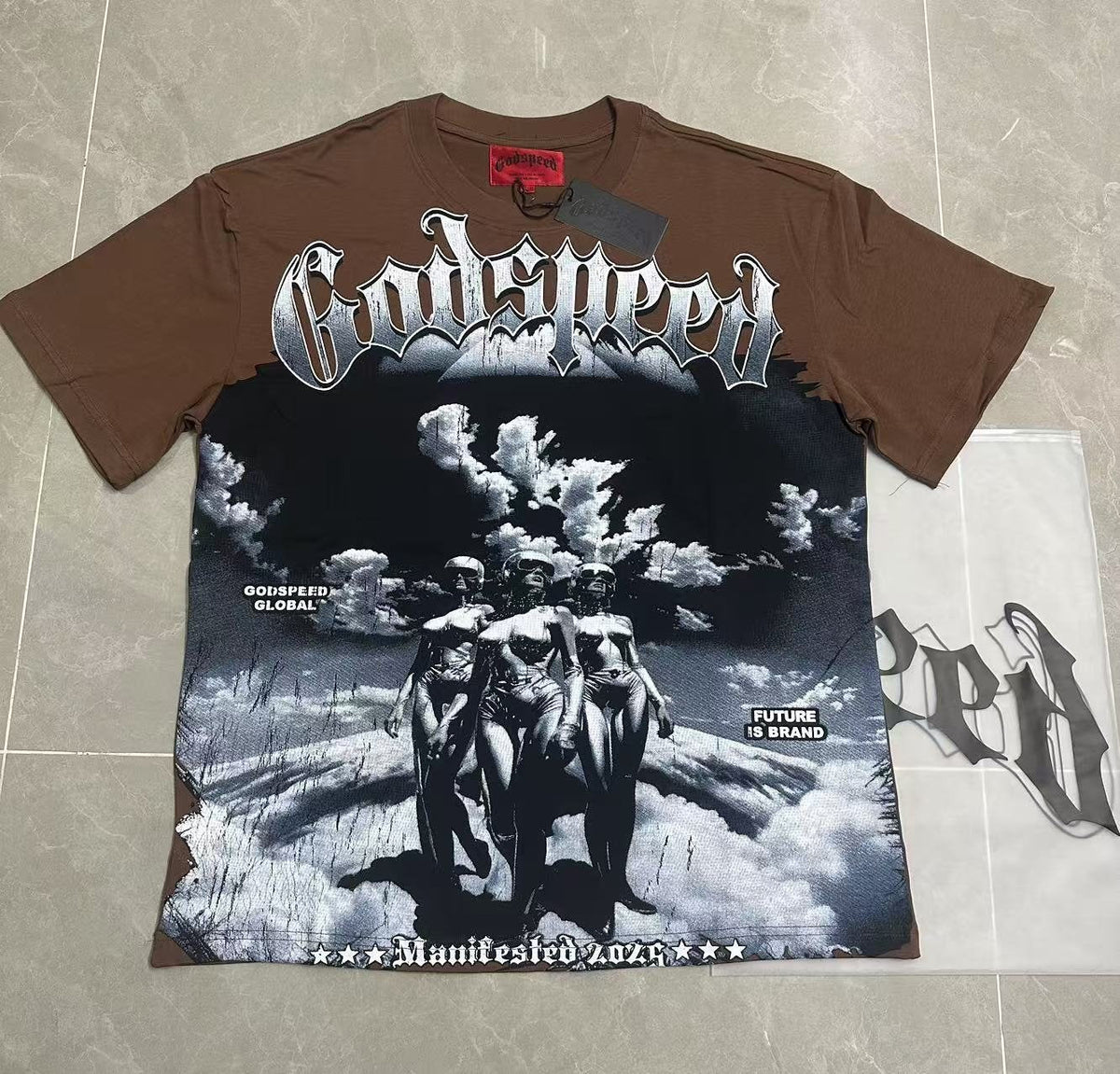 Godspeed Our Future Our Youth Brown Graphic T-Shirt ¡ª front
