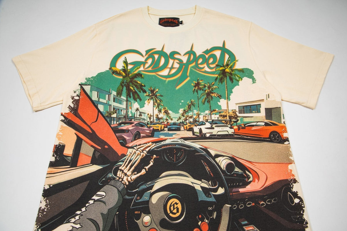 Godspeed Retro Car & Palm Tree Graphic T-Shirt ¡ª front