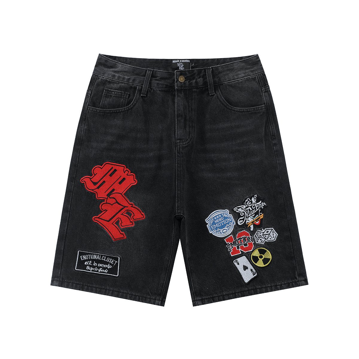 Charcoal Gray Red Gothic Collage Denim Shorts ¡ª front
