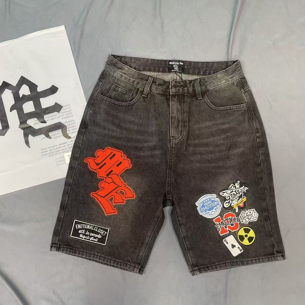 Charcoal Gray Red Gothic Collage Denim Shorts ¡ª context