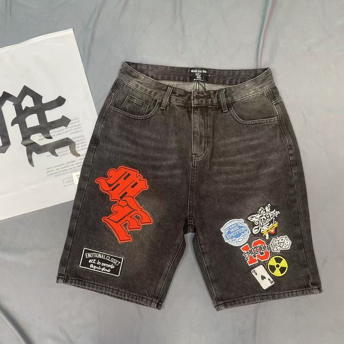 Charcoal Gray Red Gothic Collage Denim Shorts ¡ª context