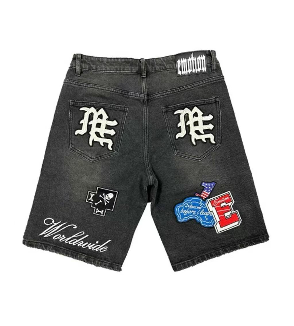 Charcoal Gray Red Gothic Collage Denim Shorts ¡ª front