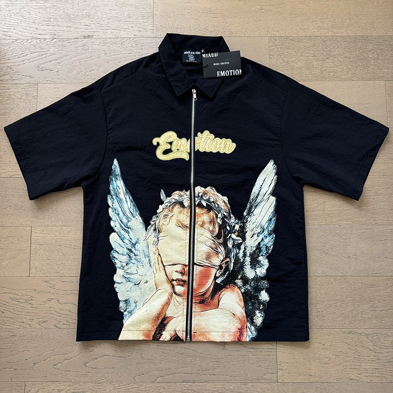 MIXED EMOTION Angel Graphic Zip-Front Short-Sleeve Shirt ¡ª front