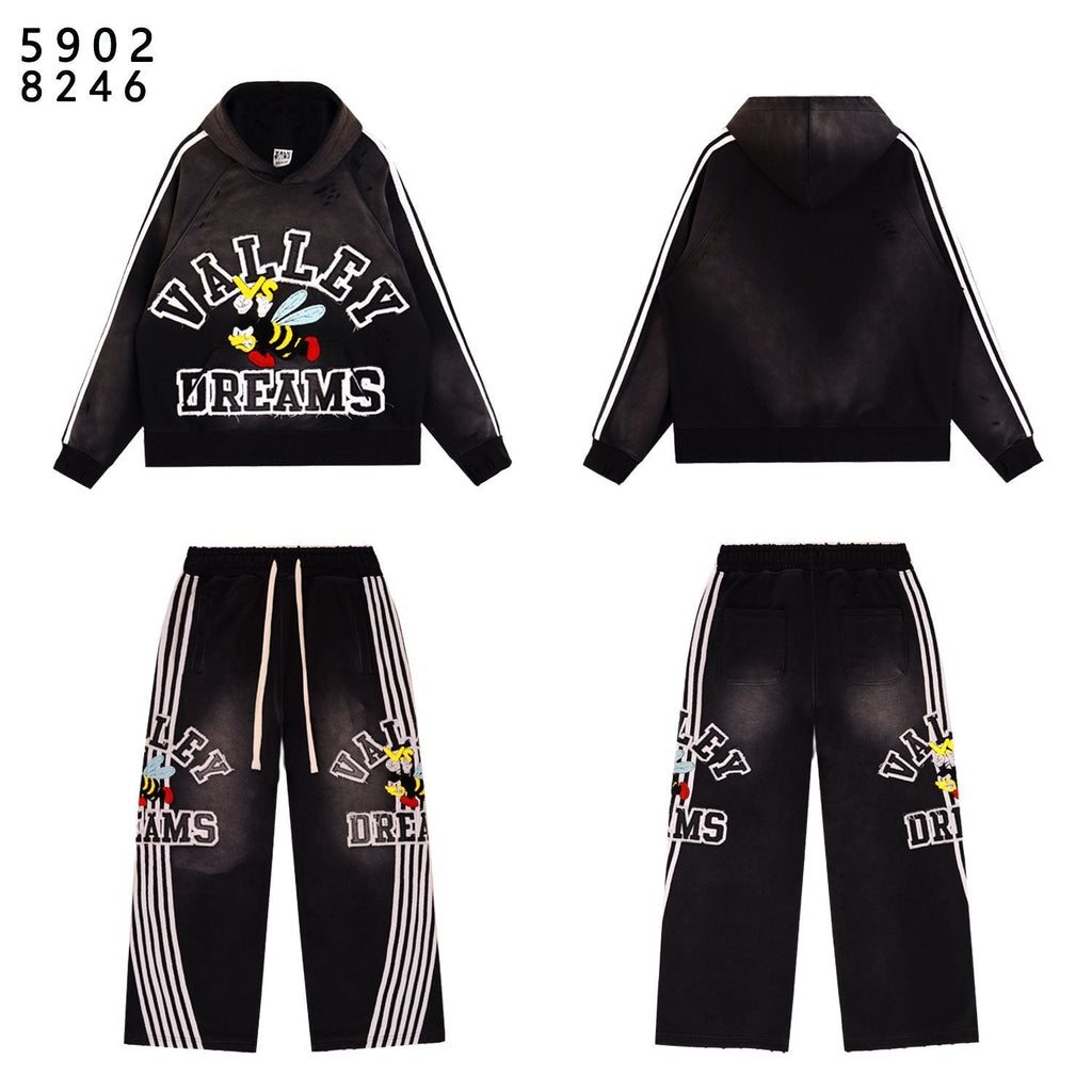VALE USA Bee Embroidered Striped Hoodie & Sweatpants Set ¡ª front