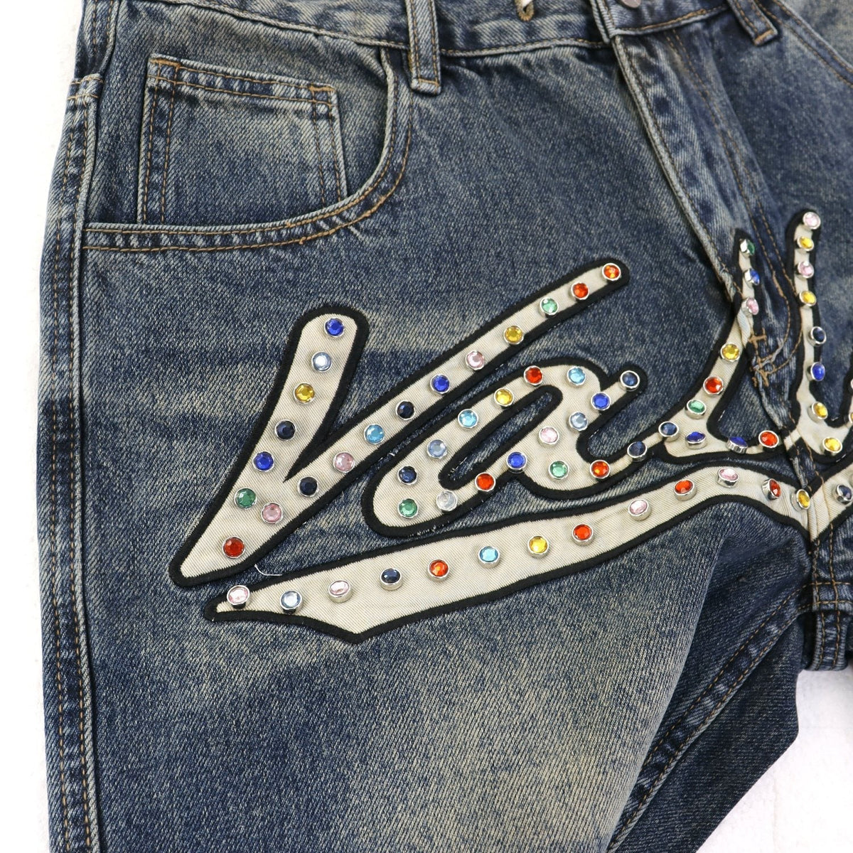VALE Skittle Graphic Washed Denim Shorts ¡ª detail