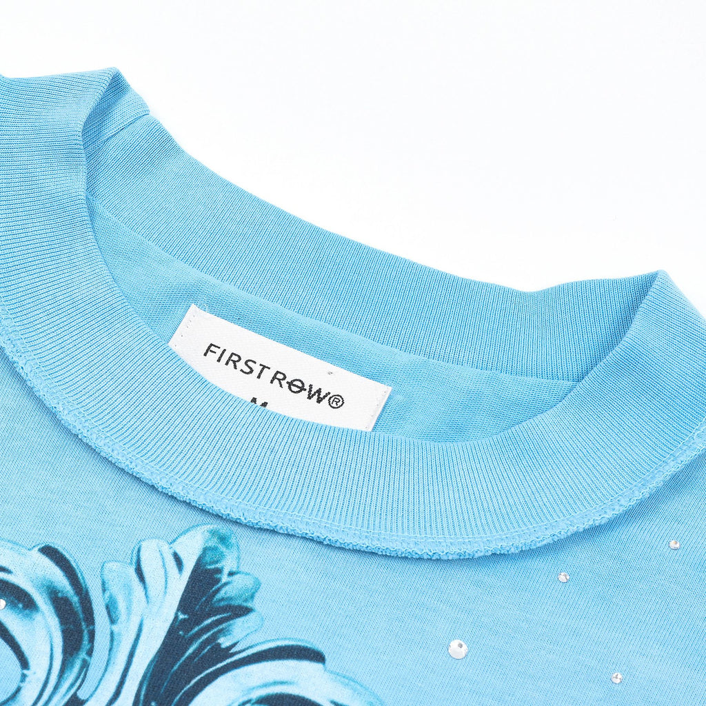 FIRST ROW Sky Blue Rhinestone Front & Back Graphic T-Shirt ¡ª neck_label