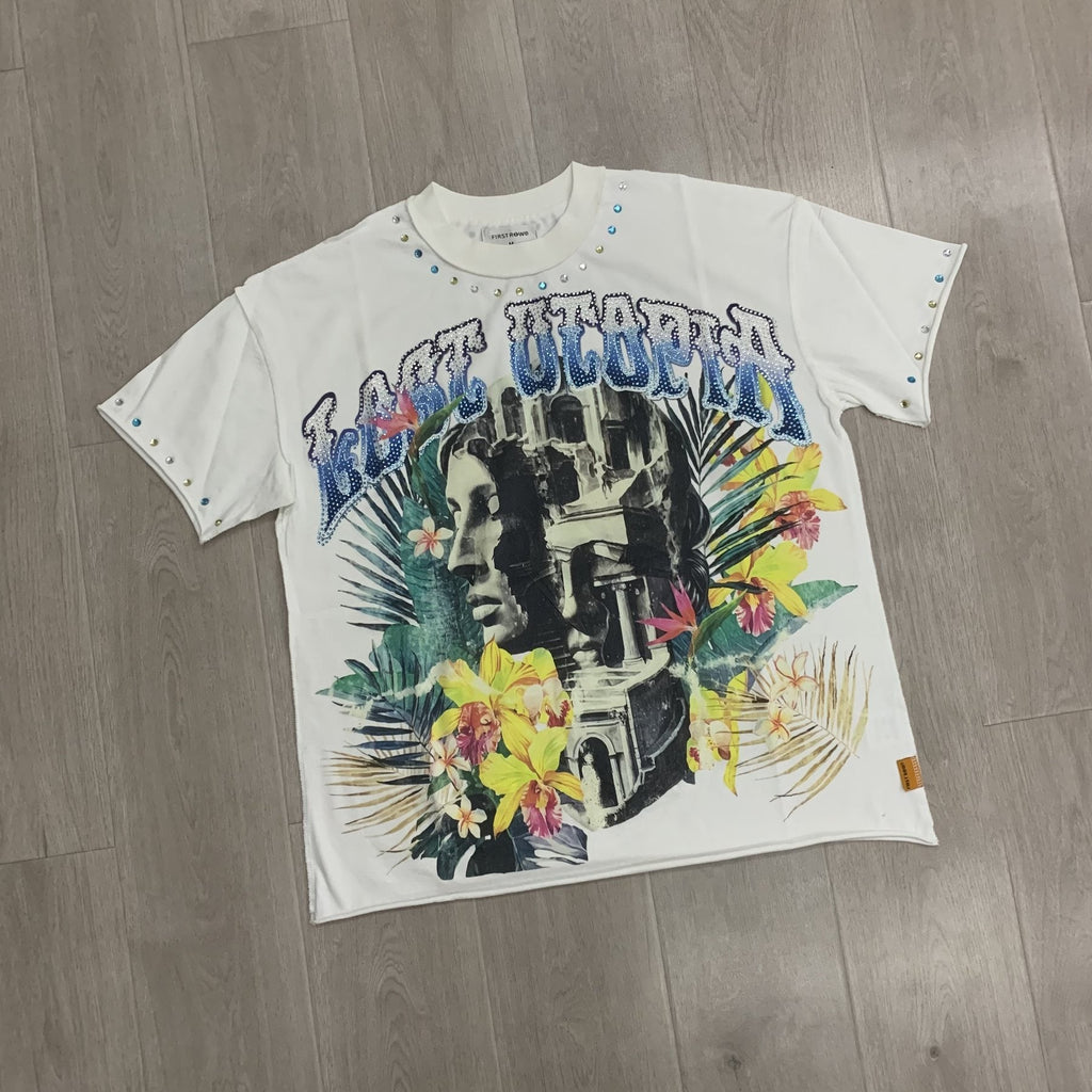 FIRST ROW Tropical Statue Rhinestone Graphic T-Shirt ¡ª front