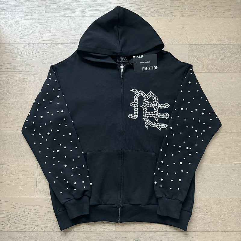 MIXED EMOTION Rhinestone Graphic Zip Hoodie & Sweatpants Set ¡ª front