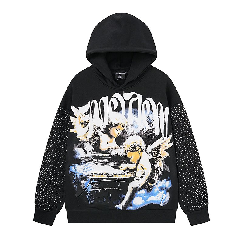 Mixed Emotion Angel Rhinestone Sleeve Graphic Hoodie ¡ª front