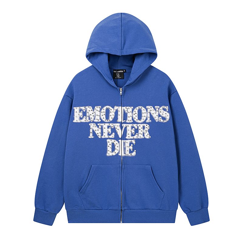 MIXED EMOTION Blue Rhinestone Zip Hoodie ¡ª front