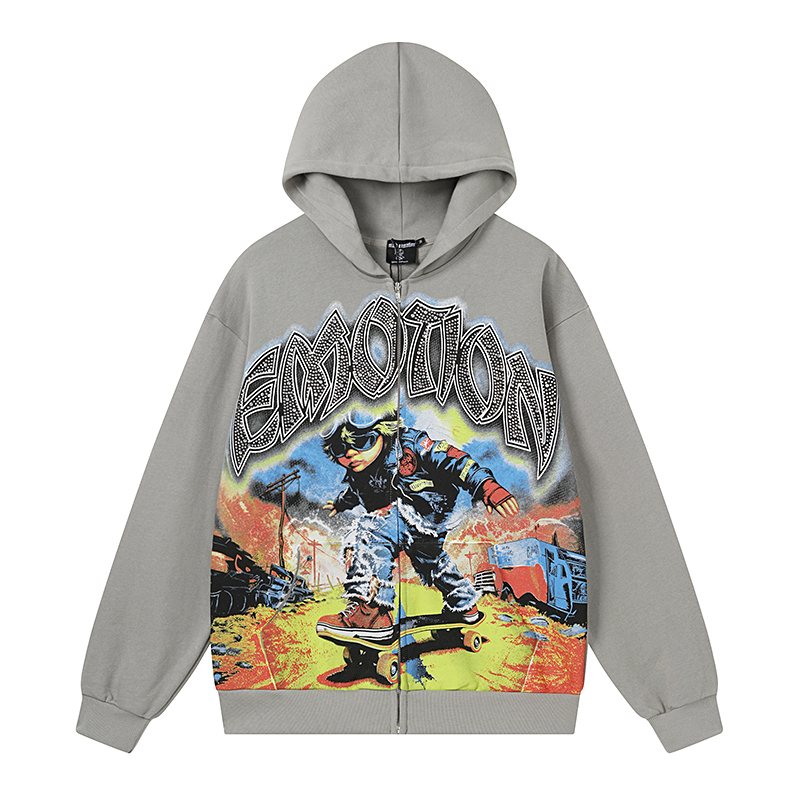 MIXED EMOTION Skateboard Graphic Zip Hoodie - Gray ¡ª front