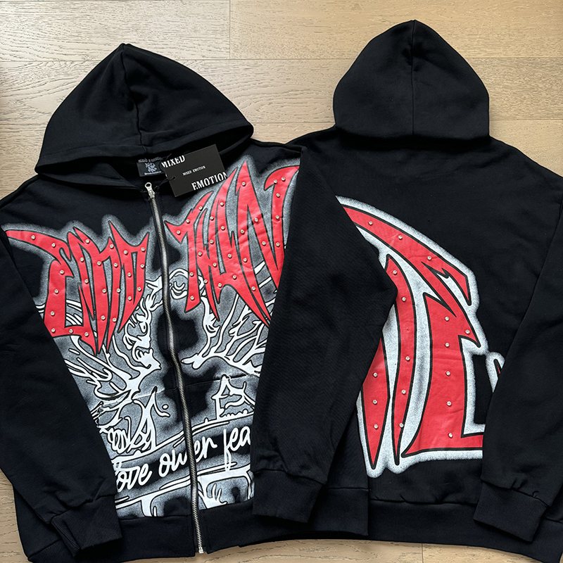 MIXED EMOTION Rhinestone Graphic Full-Zip Hoodie ¡ª front