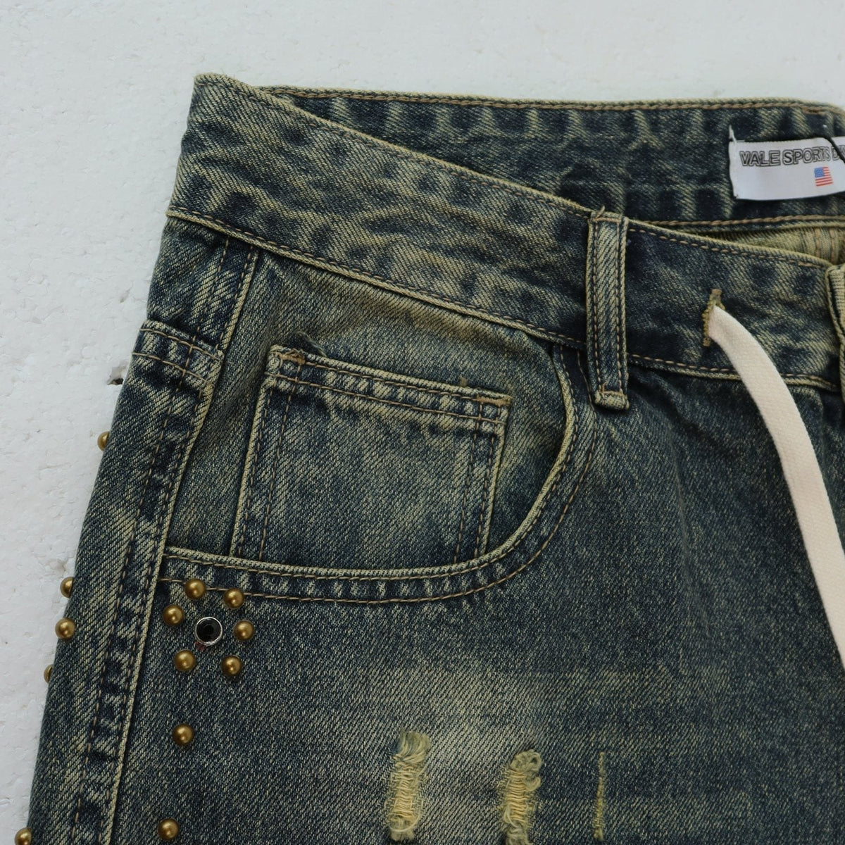 VALLEY Studded Distressed Washed Denim Shorts ¡ª detail
