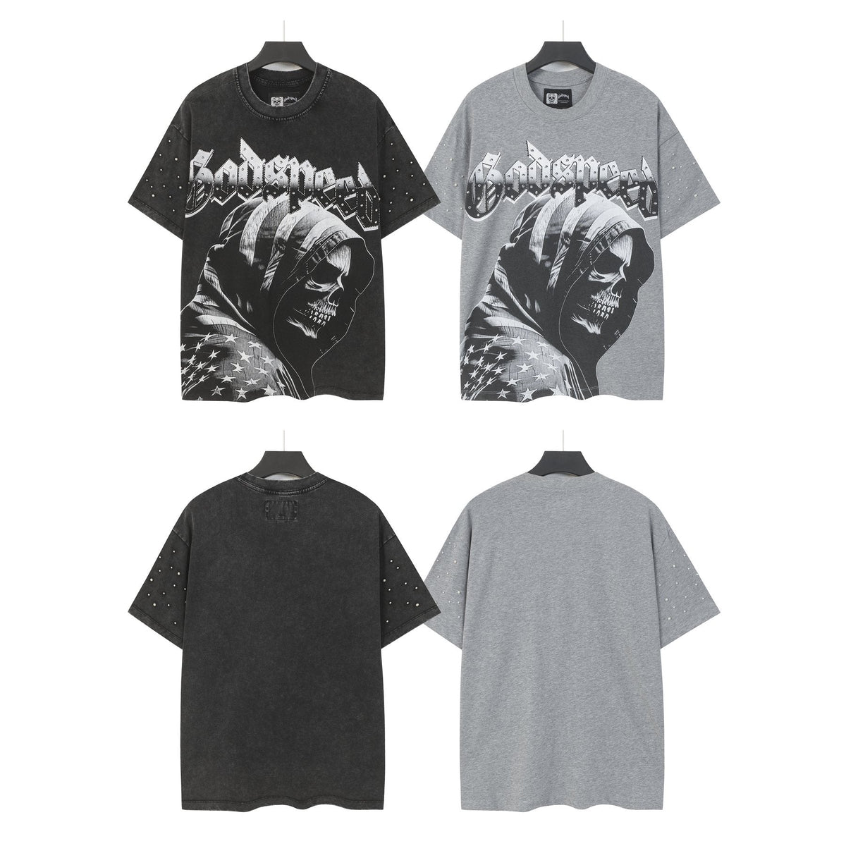 Godspeed Hooded Skull Graphic Studded-Sleeve T-Shirt ¡ª comparison