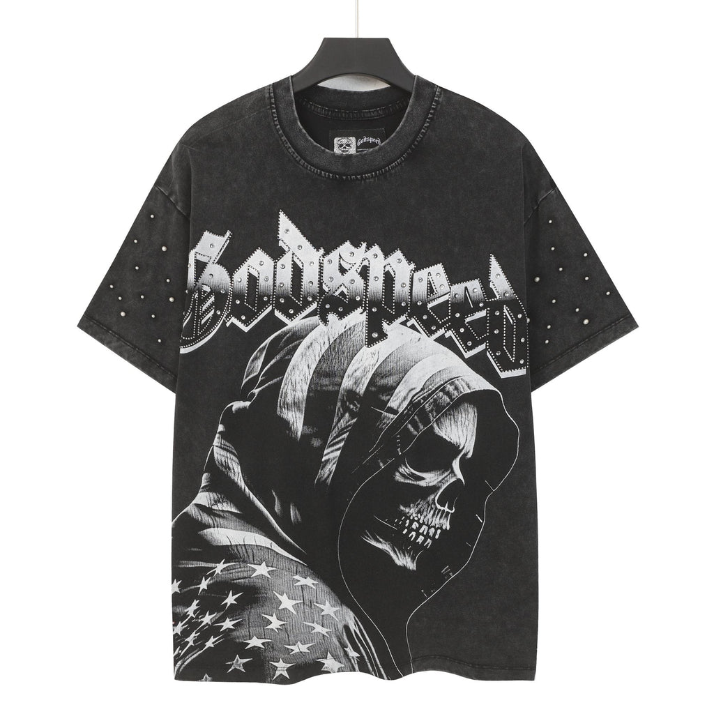 Godspeed Hooded Skull Graphic Studded-Sleeve T-Shirt ¡ª hero