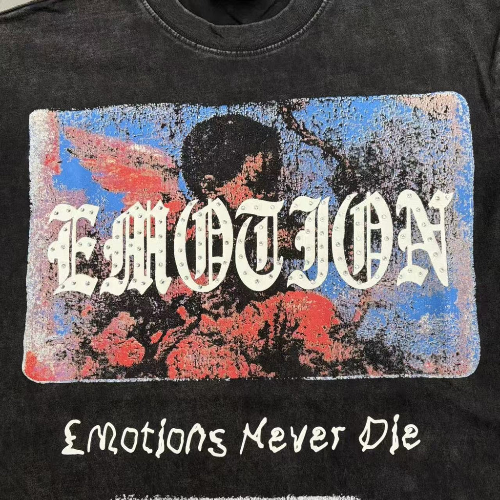 MIXED EMOTION Rhinestone Graphic Acid-Wash T-Shirt ¡ª detail