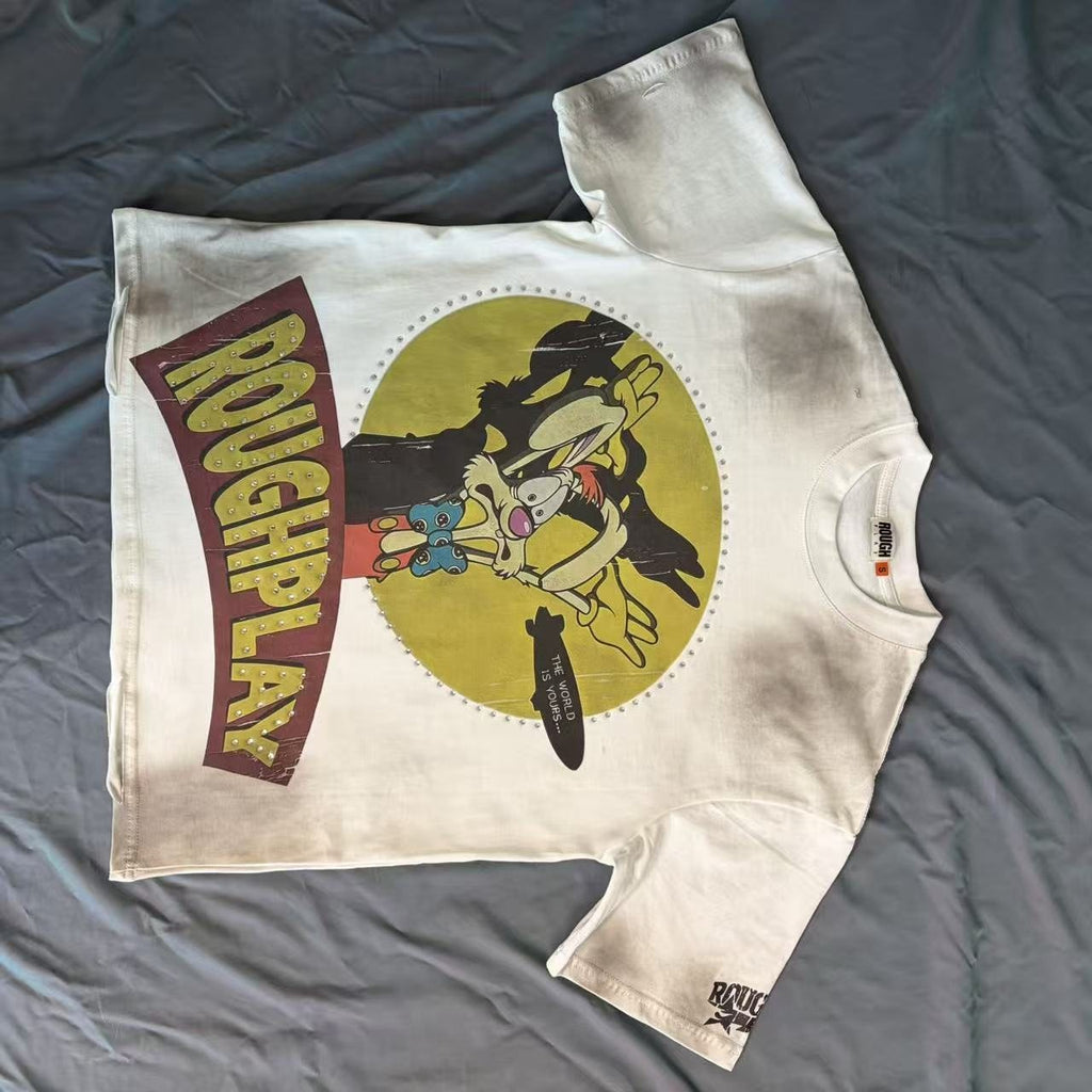 Rough Play Off-White Washed Rhinestone Graphic T-Shirt ¡ª front