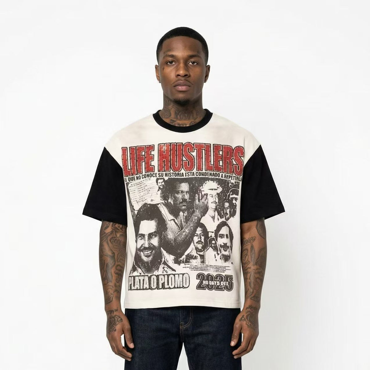 Life Hustlere Contrast-Sleeve Graphic T-Shirt ¡ª model