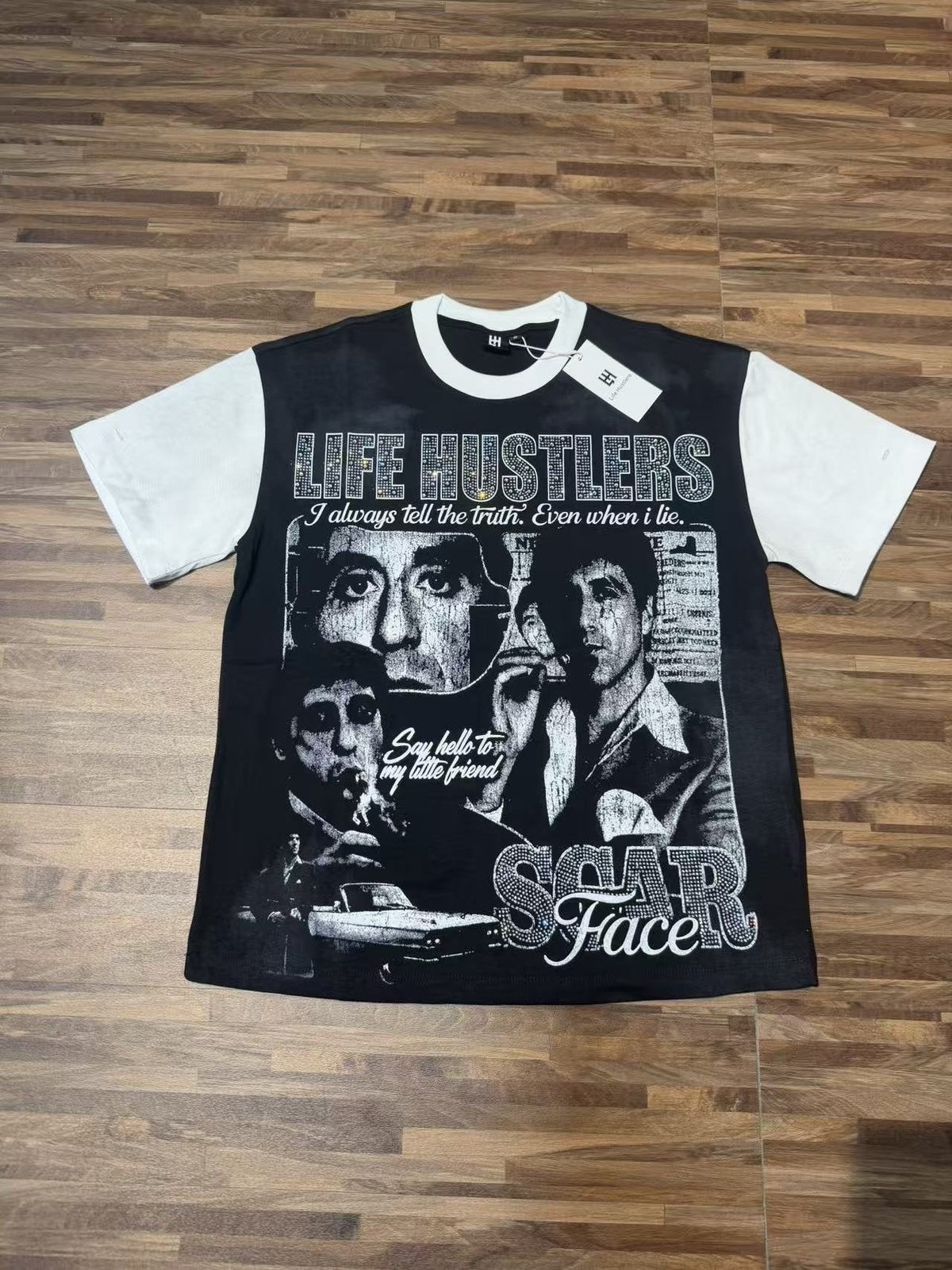 Life Hustlere Rhinestone Graphic Two-Tone T-Shirt ¡ª front