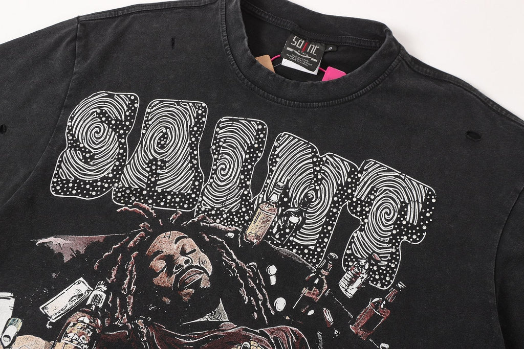 SAINT Free Alcohol Washed Black Graphic T-Shirt ¡ª detail