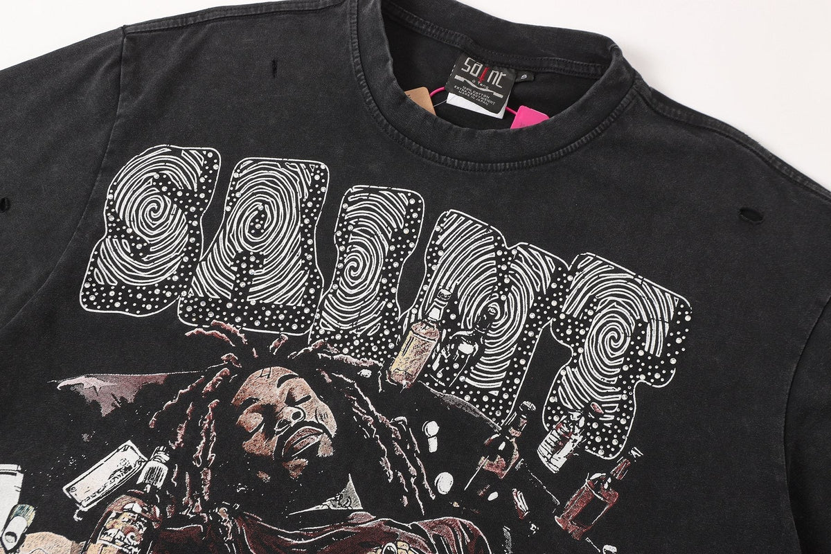 SAINT Free Alcohol Washed Black Graphic T-Shirt ¡ª detail