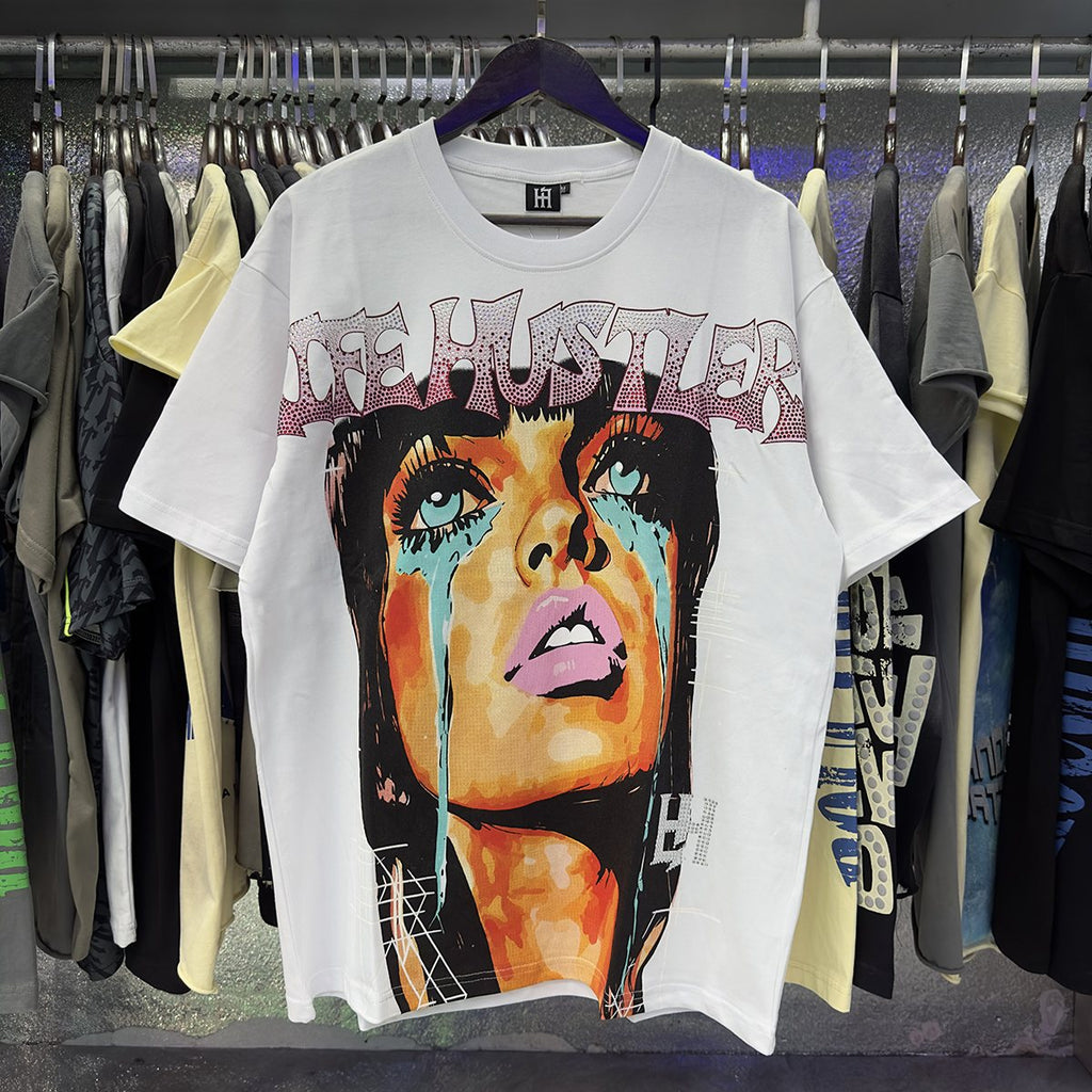 Life Hustlere Crying Woman Rhinestone Graphic T-Shirt ¡ª context