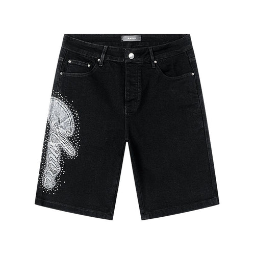 AMIRI Black Rhinestone Script Denim Shorts ¡ª hero