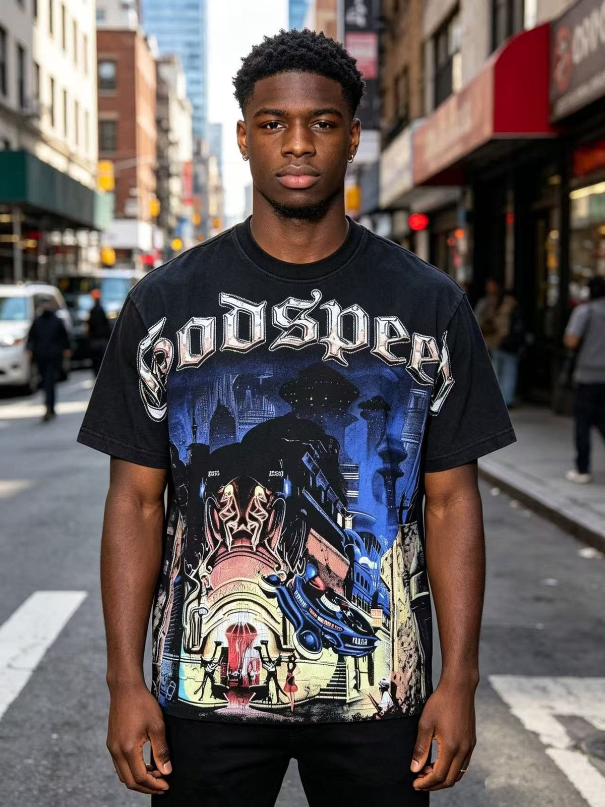 Godspeed Washed Black Rock Graphic T-Shirt ¡ª model