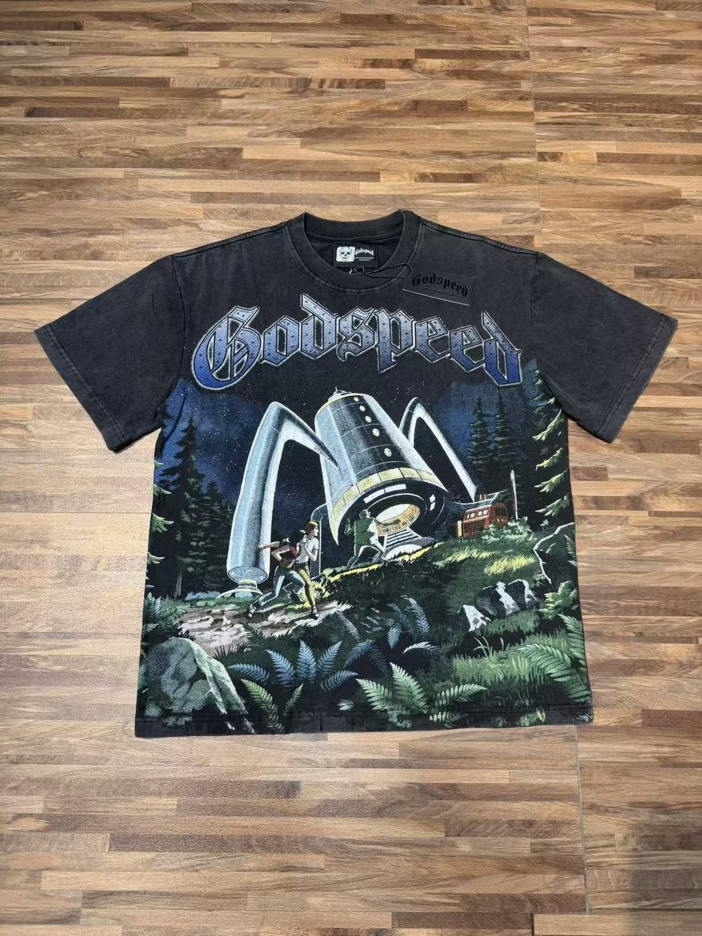 Godspeed Spaceship Graphic Washed Black T-Shirt ¡ª front