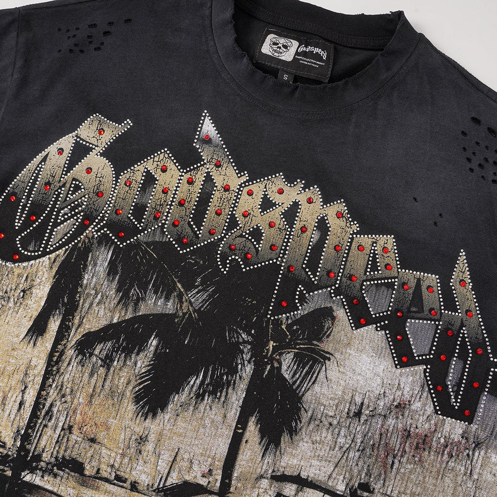 Godspeed Distressed Rhinestone Graphic T-Shirt ¡ª detail