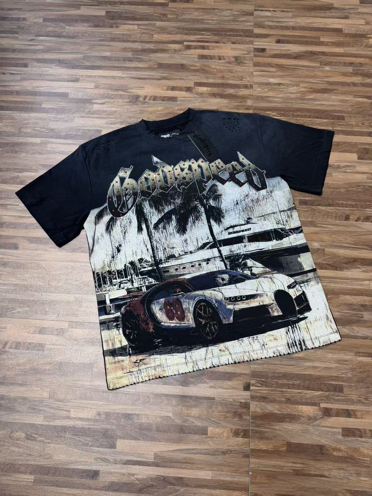 Godspeed Distressed Rhinestone Graphic T-Shirt ¡ª front